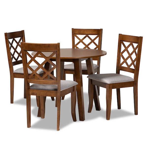 Baxton Studio Adara Grey Upholstered and Walnut Wood 5-Piece Dining Set 173-9874-10895 - main